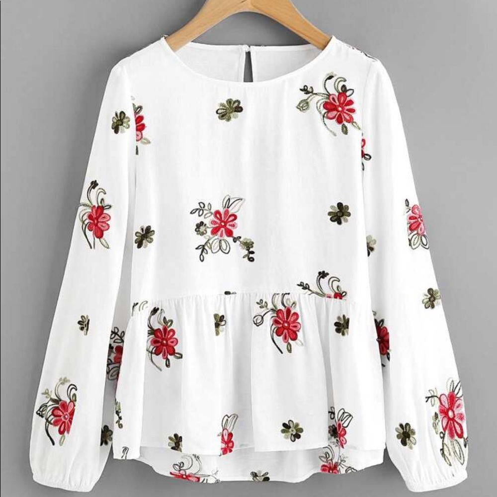 Flower Embroidered Smock Top SHEIN